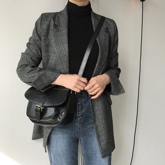 Double Breasted Plaid Blazer Formal Jacket For Women