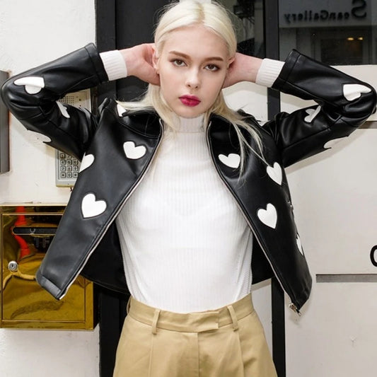 Womens Heart Shaped Pattern Leather Jacket