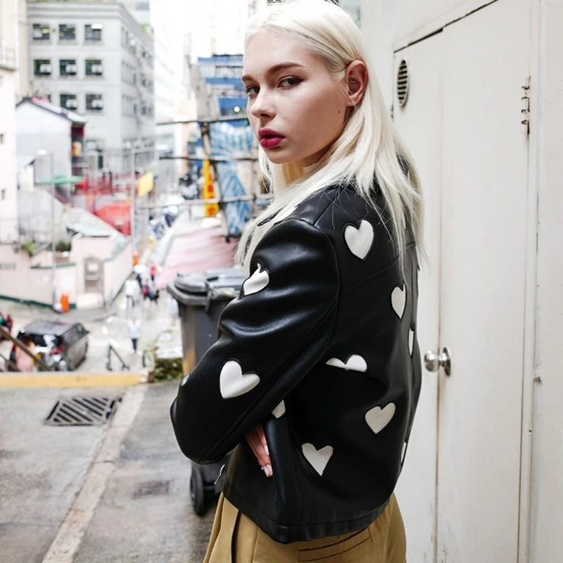 Womens Heart Shaped Pattern Leather Jacket