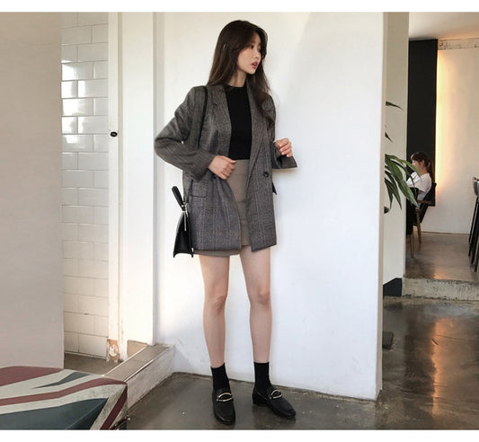 Double Breasted Plaid Blazer Formal Jacket For Women