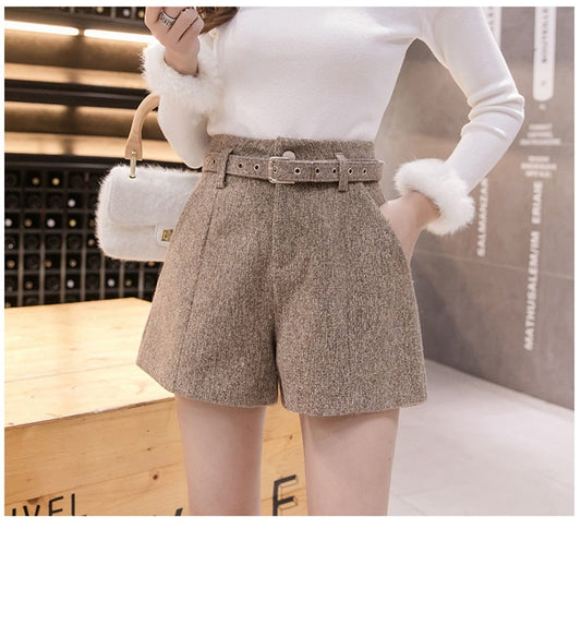 Women's High Waist Wide Leg Woolen Shorts