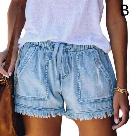 Drawstring Plus Size High Waisted Denim Women's Shorts