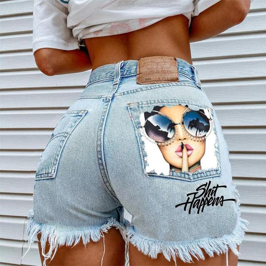 Love Print Ripped Denim Shorts