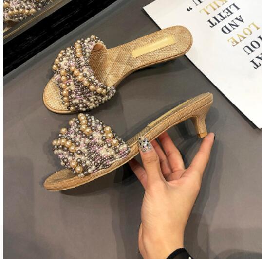 New Korean Spiral Pearl Decoration Open Toe Women Slippers
