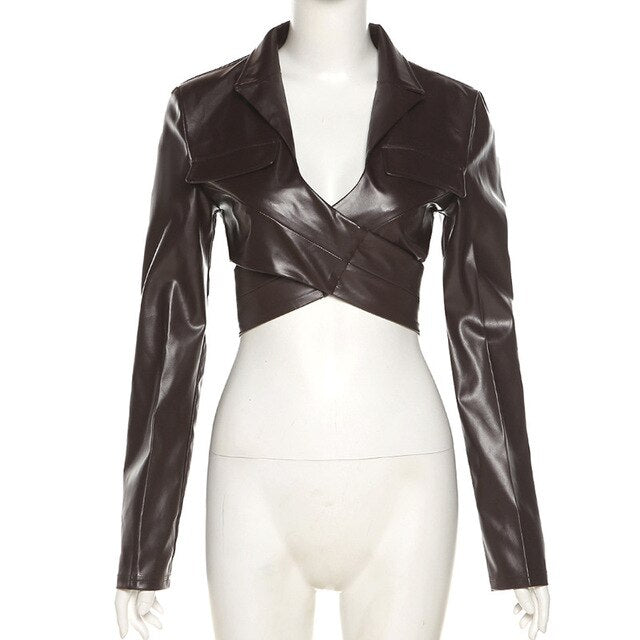 Womens Faux Leather Streetwear Cropped Bandage Jacket