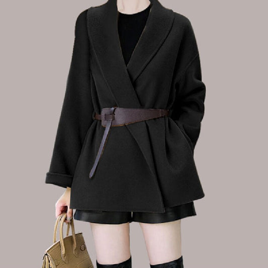 Straight Color Belted Design Wool Jacket Coat For Women