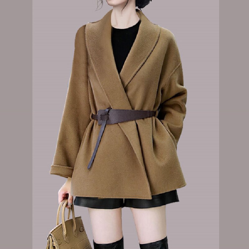 Straight Color Belted Design Wool Jacket Coat For Women