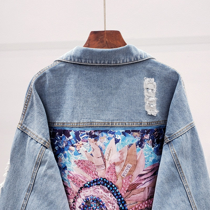 Women Floral Streetwear Denim Jacket
