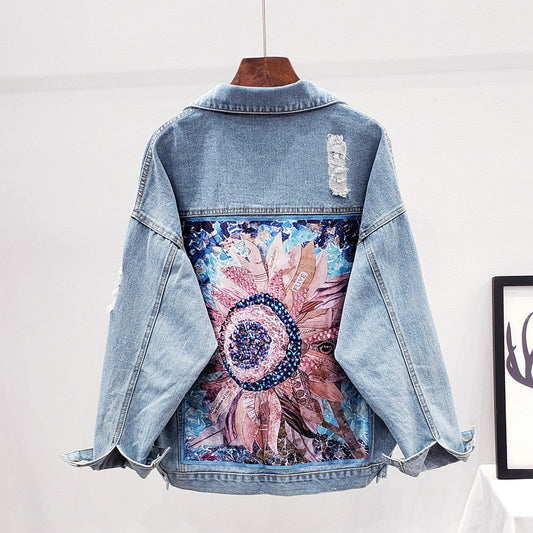 Women Floral Streetwear Denim Jacket