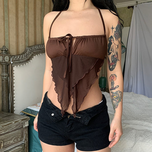 Women's Brown Backless Crop Top – Sexy Sleeveless Summer Tank, Trendy Y2K Streetwear Top