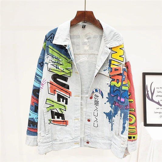Women Punk Style Graffiti Print Denim Jacket