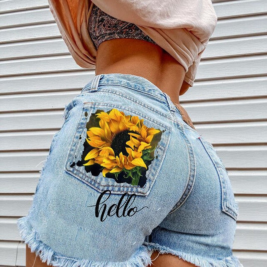 Women's Flower High Waist Denim Shorts