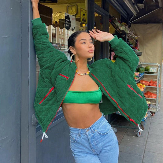 Womens Green Plaid Long Sleeve Jacket