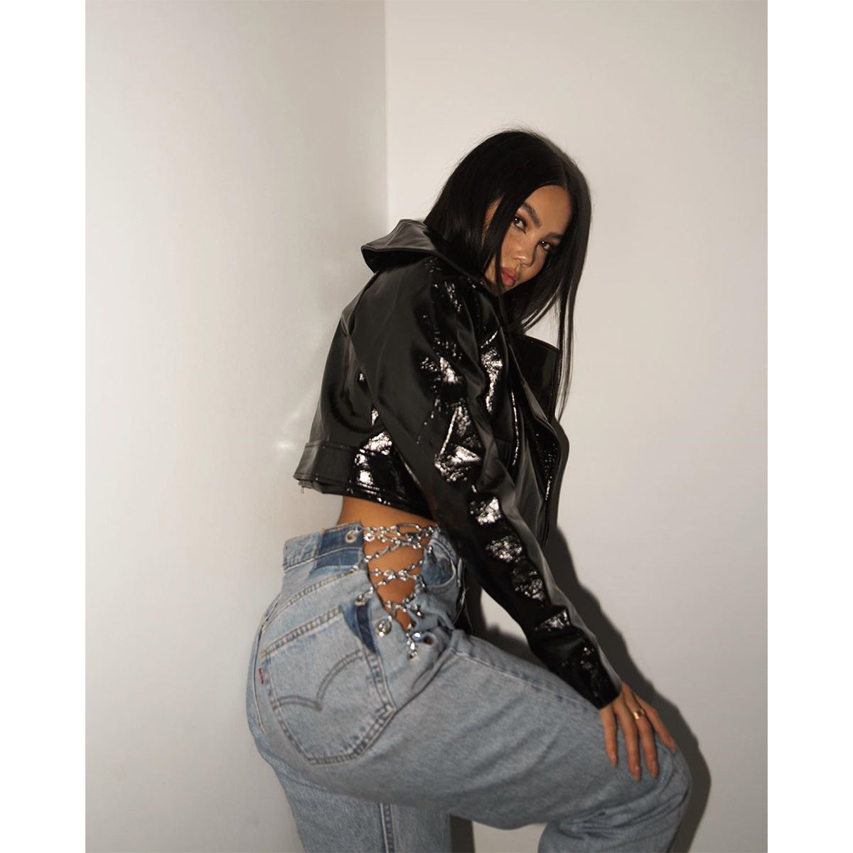 Womens High Waist Chain Streetwear Jeans