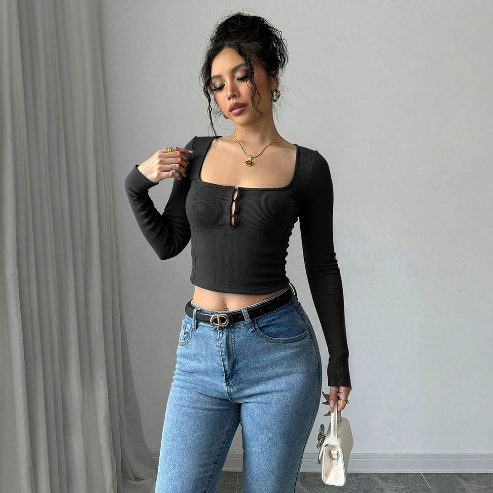 Womens Long Sleeve Square Wide Neck Thin Sweaters