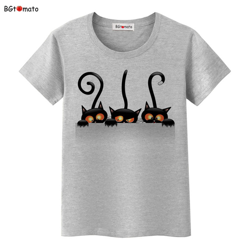 Funny Cap Three Cat Cartoon Summer Women T-Shirts