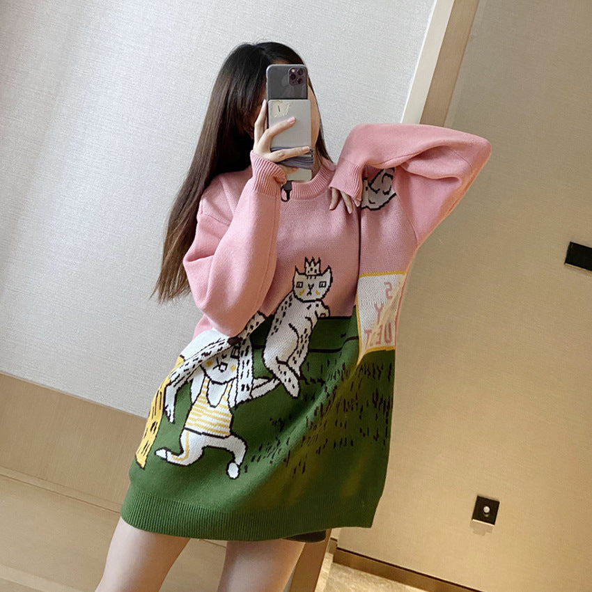 Cartoon Cat Embroidery V Neck Womens Sweater