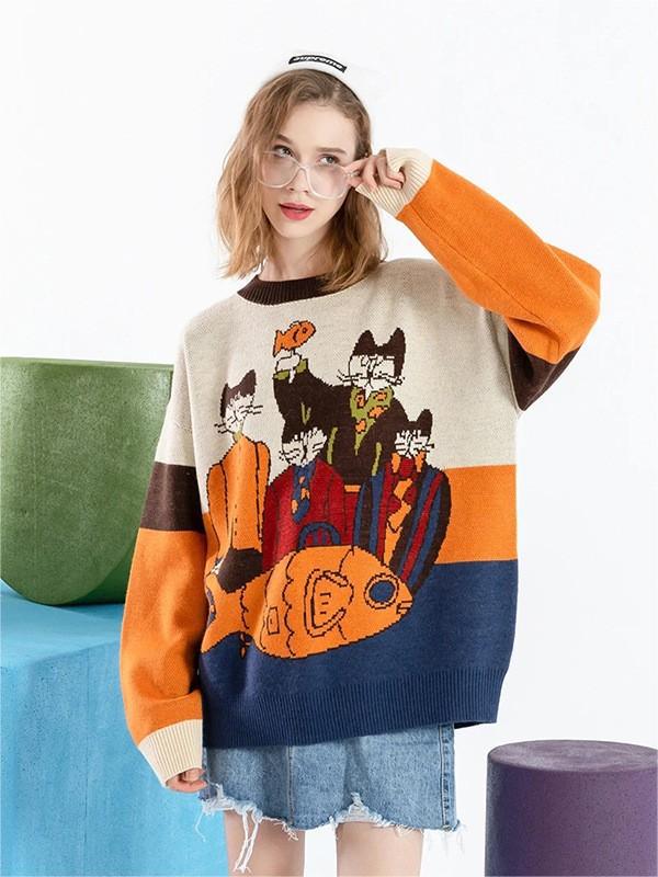 Women Cat Embroidered Knitted Sweater