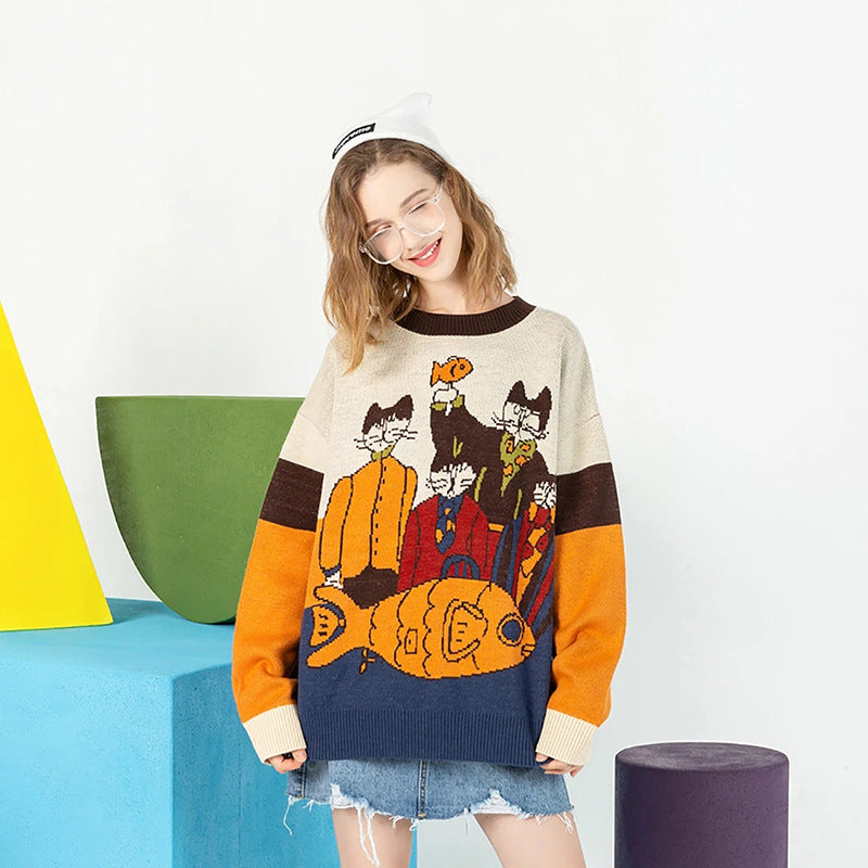 Women Cat Embroidered Knitted Sweater