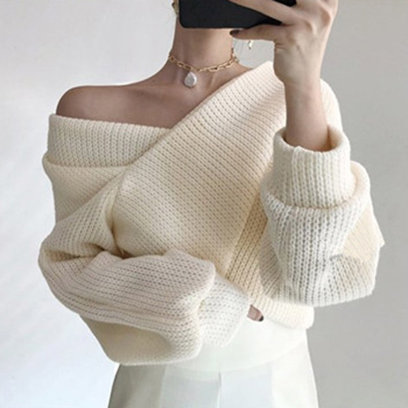 Chic White V Neck Knit Sweater