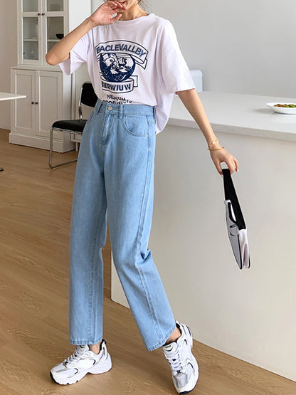 Womens High Waist Straight Denim Trousers