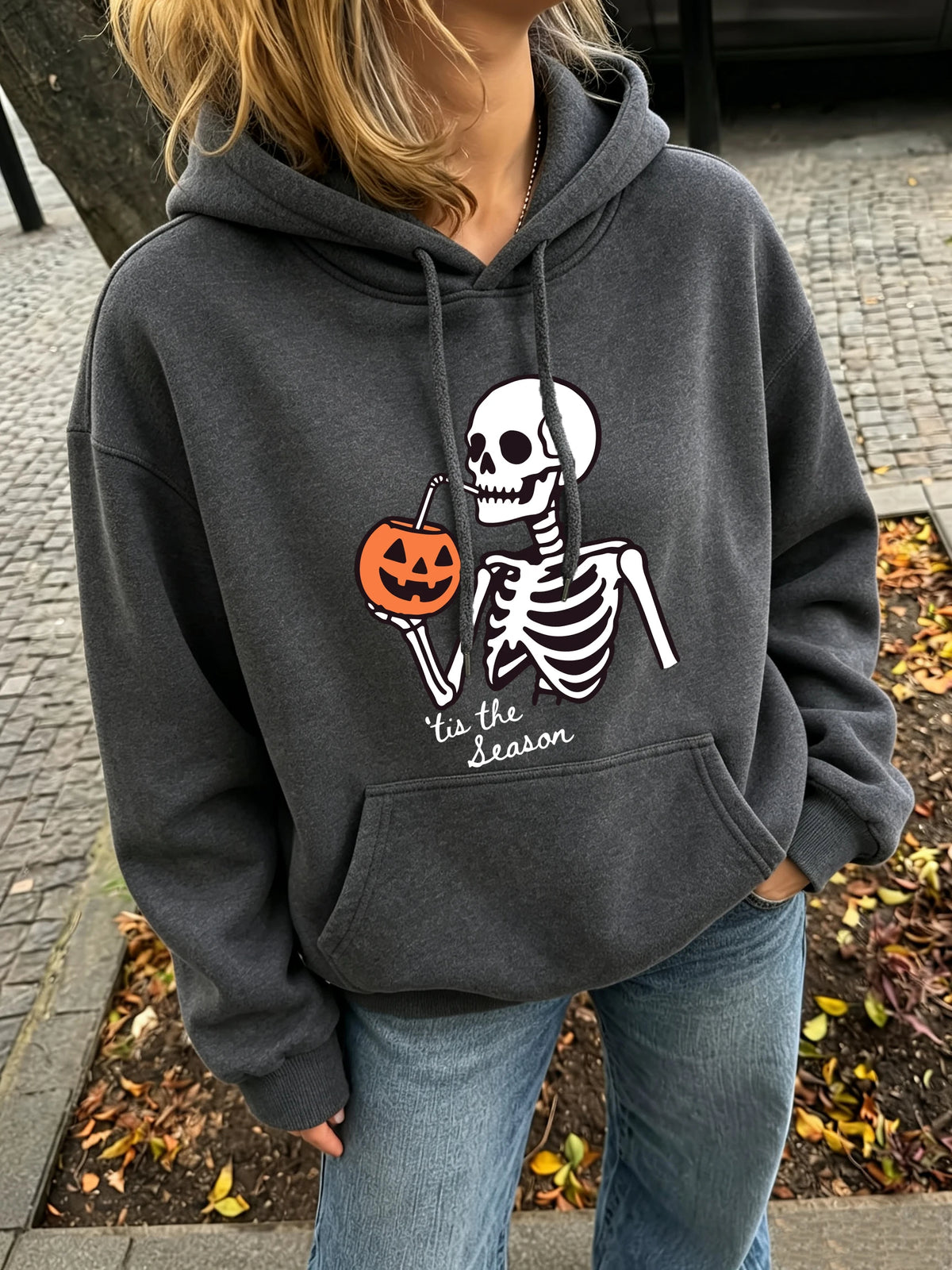 Cute Halloween Street Style: Skeleton Drinking Pumpkin Hoodie