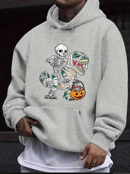 Funny Halloween Outfit Inspo: Skeleton Riding T-Rex Mummy Hoodie