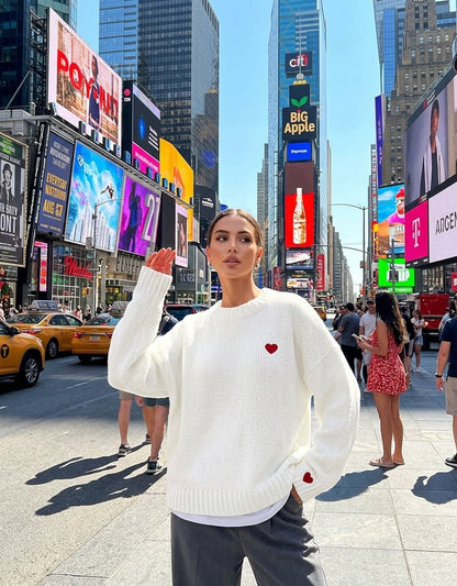 NYC Street Style: White Knit Sweater with Red Hearts