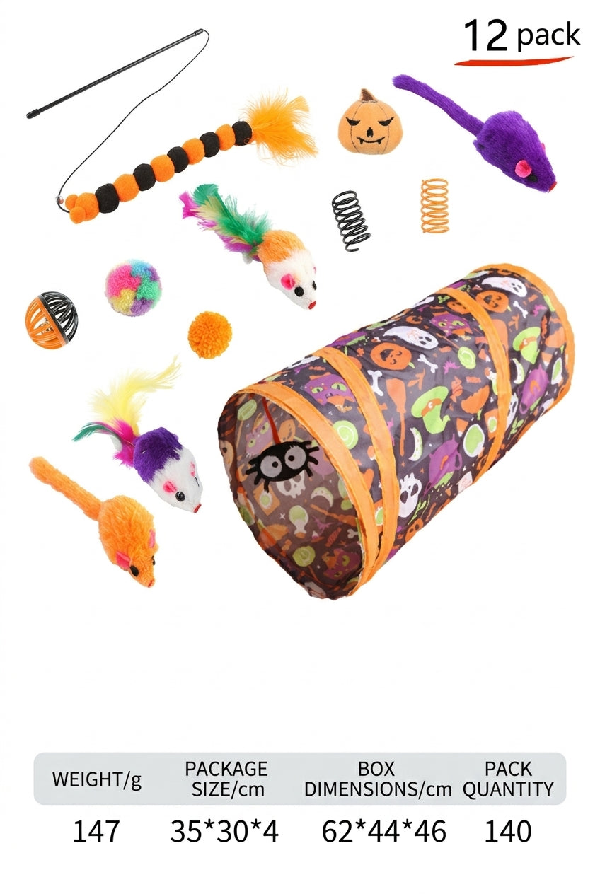 12-Piece Halloween Cat Toy Set with Tunnel | Bulk & Wholesale Supply