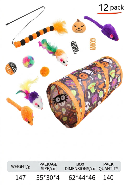 12-Piece Halloween Cat Toy Set with Tunnel | Bulk & Wholesale Supply