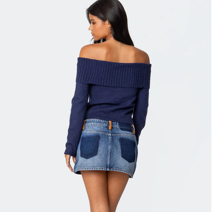 Womens Off Shoulder Knitted Crop Sweaters