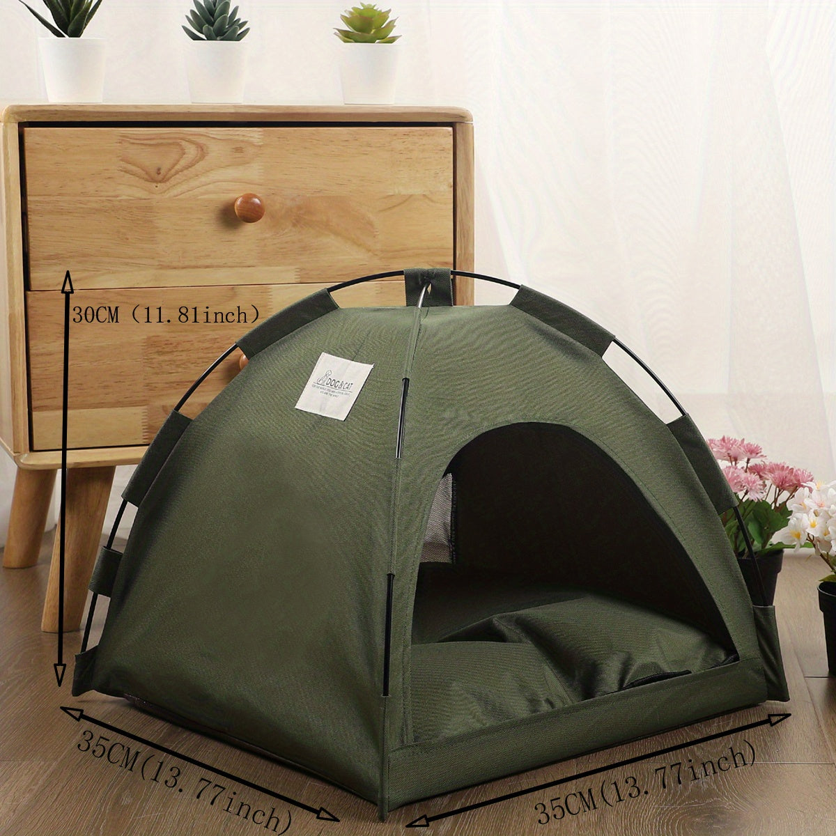 Cozy Camp: Adorable Olive Green Mini Tent Pet Bed