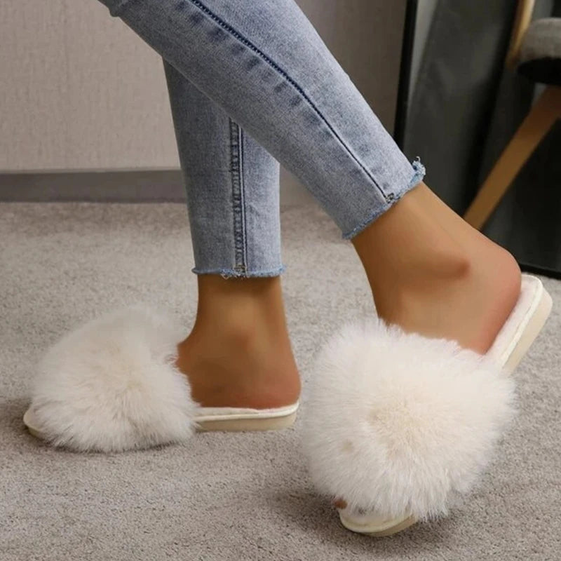 Faux Fur Winter Style Warm Soft Flat Slippers For Women