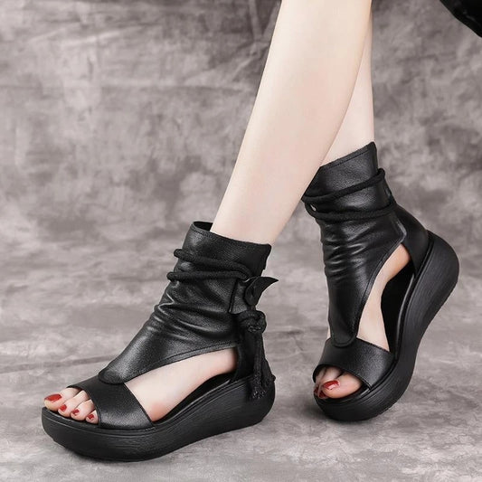Mid Platform Heel Leather Women Sandals