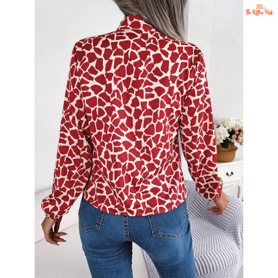 Elegant bow chiffon long sleeve blouse for women in green and navy gradient tones, featuring a geometric pattern and office lady style for autumn 2025.