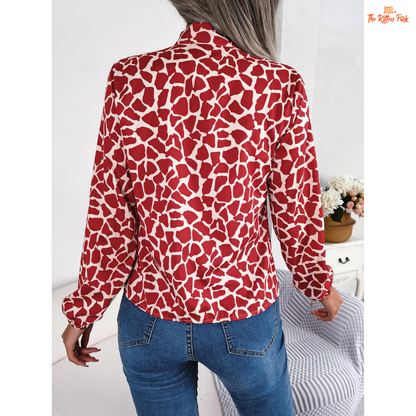 Elegant bow chiffon long sleeve blouse for women in green and navy gradient tones, featuring a geometric pattern and office lady style for autumn 2025.