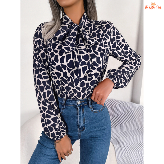 Elegant bow chiffon long sleeve blouse for women in green and navy gradient tones, featuring a geometric pattern and office lady style for autumn 2025.