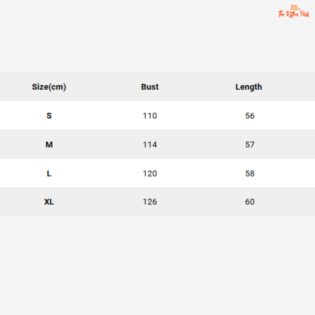 Size chart for clothing with bust and length measurements in centimeters.