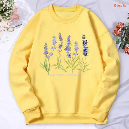 A lavender print oversized hoodie for women with fleece fabric, casual streetwear design, O-neck collar, and warm artificial fur liner for autumn and winter.