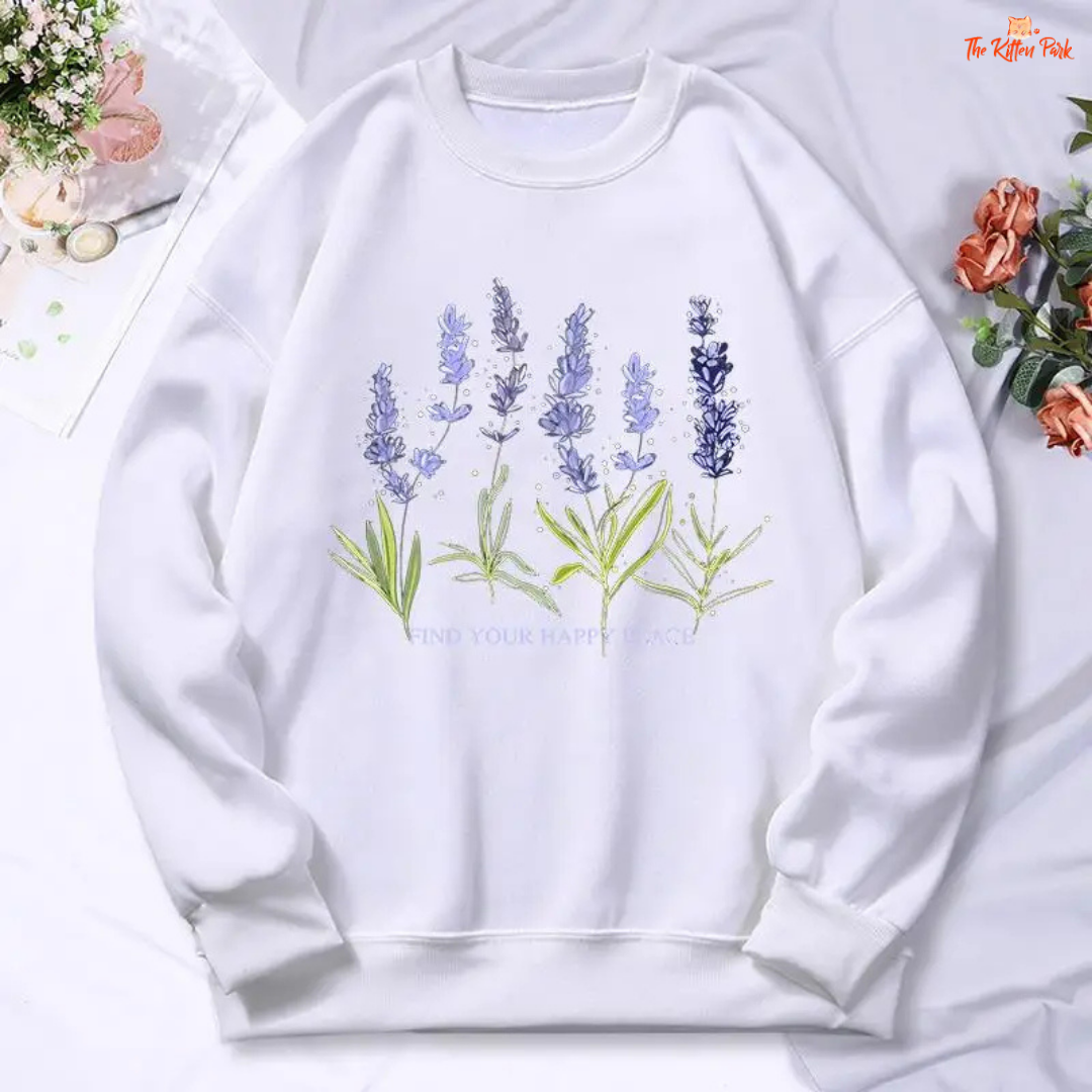 A lavender print oversized hoodie for women with fleece fabric, casual streetwear design, O-neck collar, and warm artificial fur liner for autumn and winter.
