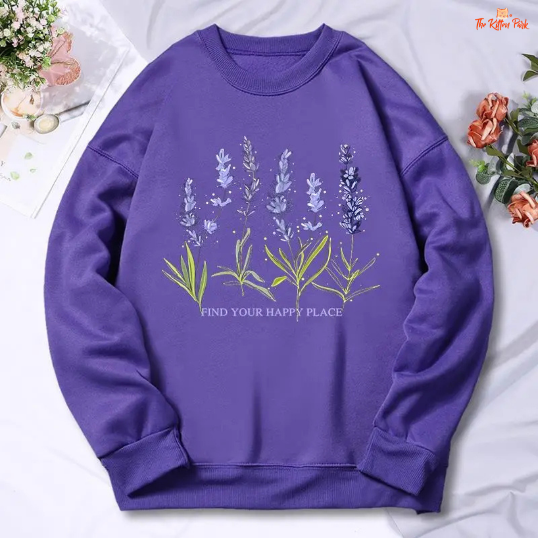A lavender print oversized hoodie for women with fleece fabric, casual streetwear design, O-neck collar, and warm artificial fur liner for autumn and winter.