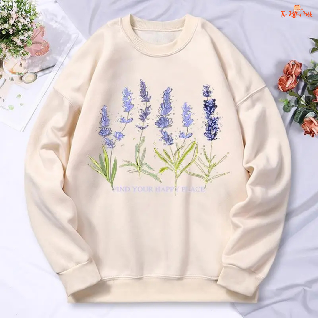 A lavender print oversized hoodie for women with fleece fabric, casual streetwear design, O-neck collar, and warm artificial fur liner for autumn and winter.