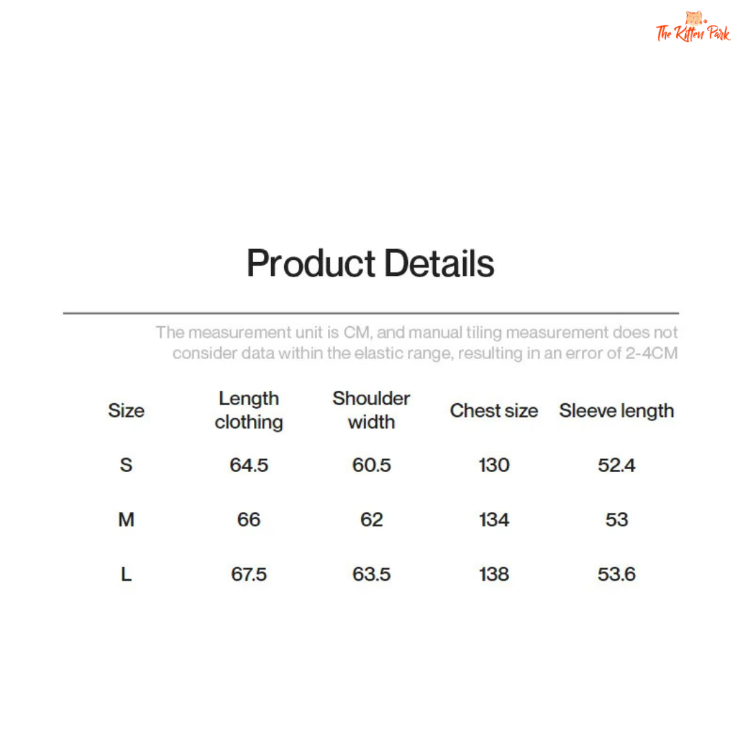 Product details table with size measurements for clothing items.