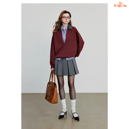 2026 Lulicore Deep V Neck Spliced Cotton Pullover with slim fit, deep V-neck, and cotton-polyester knit for autumn/winter office wear.