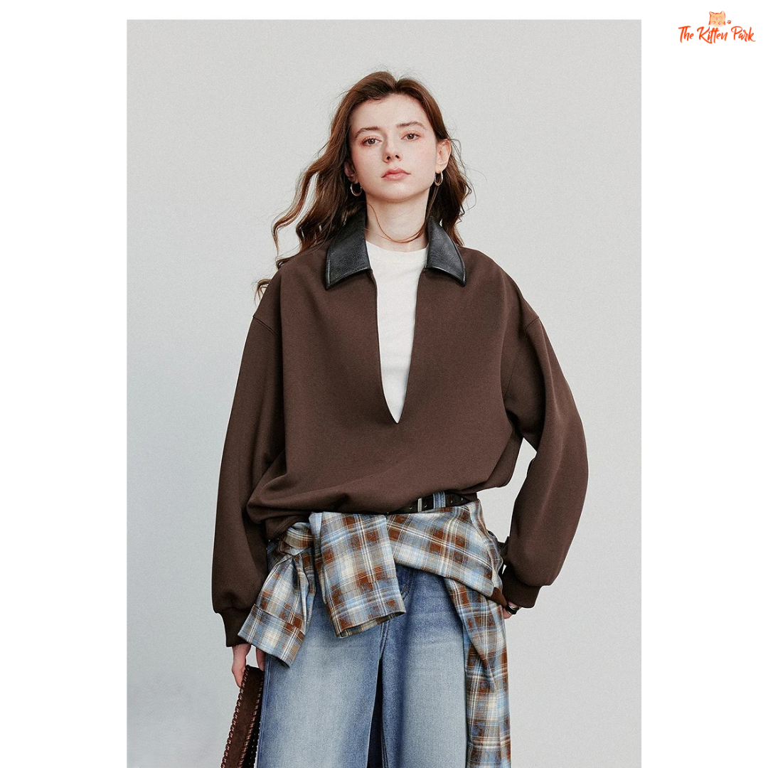 2026 Lulicore Deep V Neck Spliced Cotton Pullover with slim fit, deep V-neck, and cotton-polyester knit for autumn/winter office wear.