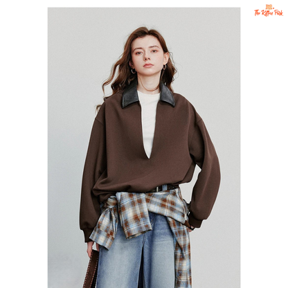 2026 Lulicore Deep V Neck Spliced Cotton Pullover with slim fit, deep V-neck, and cotton-polyester knit for autumn/winter office wear.