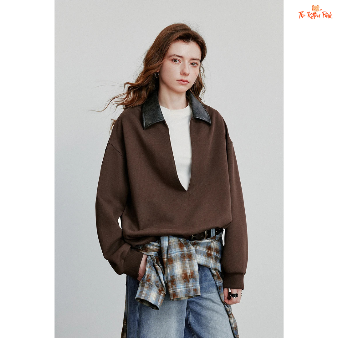 2026 Lulicore Deep V Neck Spliced Cotton Pullover with slim fit, deep V-neck, and cotton-polyester knit for autumn/winter office wear.