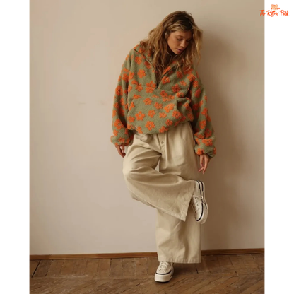 Women's loose lamb wool print sweater with zipper closure, raglan sleeves, and extra-heavy flannel fabric for autumn and spring warmth.