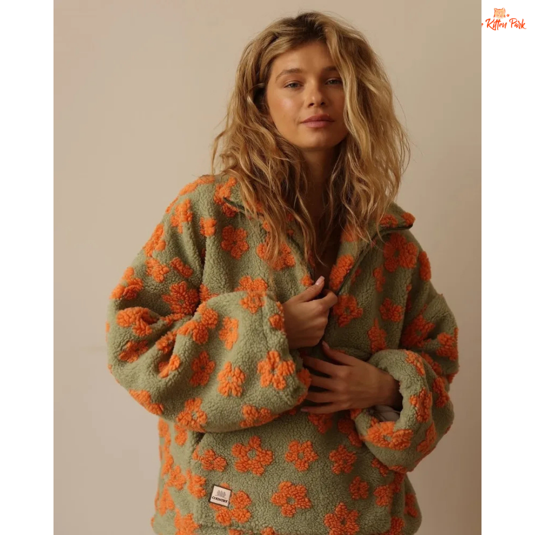 Women's loose lamb wool print sweater with zipper closure, raglan sleeves, and extra-heavy flannel fabric for autumn and spring warmth.