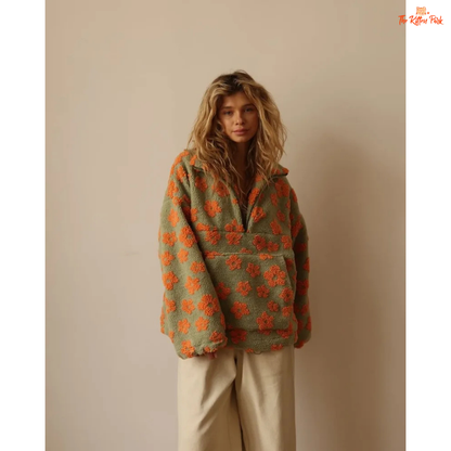 Women's loose lamb wool print sweater with zipper closure, raglan sleeves, and extra-heavy flannel fabric for autumn and spring warmth.